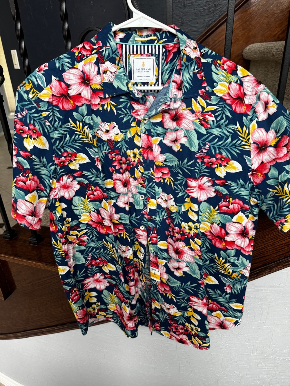 NEW XL Cactus Navy Floral Button-Down Shirt with Pink and Yellow